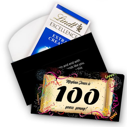 Deluxe Personalized Milestone 100th Birthday Confetti Lindt Chocolate Bar in Gift Box (3.5oz)