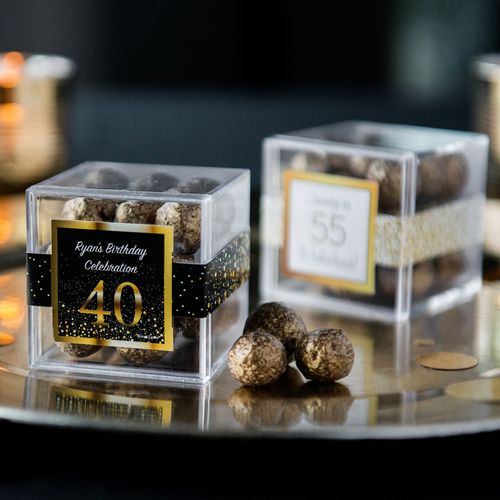 Personalized Milestone 40th Birthday JUST CANDY® favor cube with Premium Sparkling Prosecco Cordials - Dark Chocolate