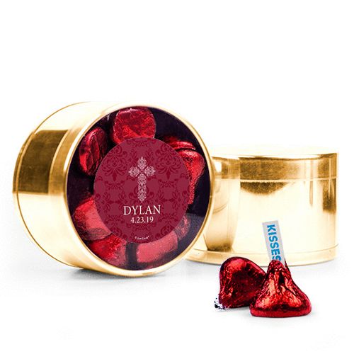 Personalized Boy Confirmation Favor Assembled Medium Round Plastic Tin Filled with Hershey's Kisses