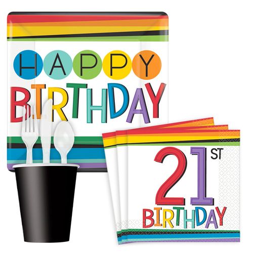 Rainbow Happy 21st Birthday Standard Tableware Kit Serves 8