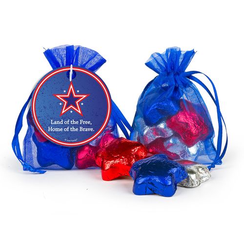 Personalized Independence Day Patriotic Star Milk Chocolate Stars in Organza Bags with Gift Tag