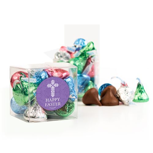 Personalized Easter Purple Cross Clear Gift Box with Sticker - Approx. 16 Spring Mix Hershey's Kisses