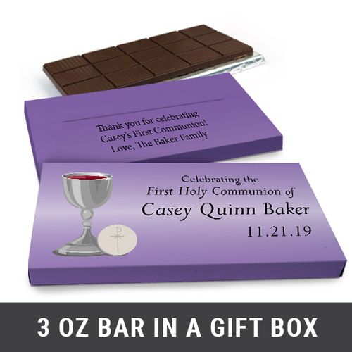 Deluxe Personalized Host & Silver Chalice First Communion Chocolate Bar in Gift Box (3oz Bar)