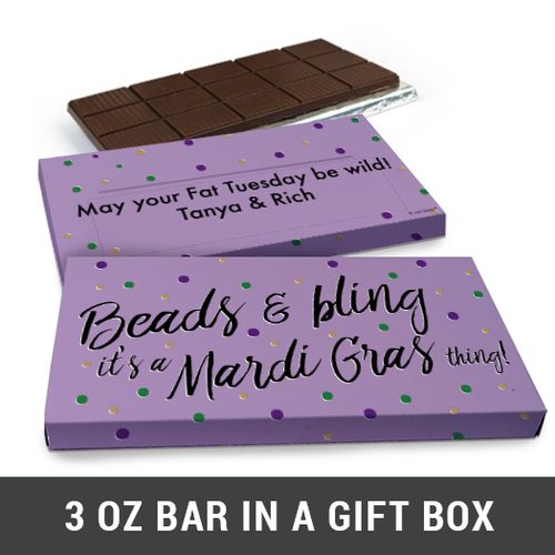 Deluxe Personalized Mardi Gras Beads & Bling Chocolate Bar in Gift Box (3oz Bar)