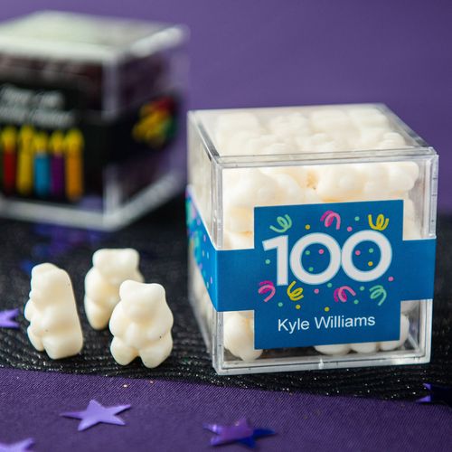 Personalized Milestone 100th Birthday JUST CANDY® favor cube with Gummy Bears