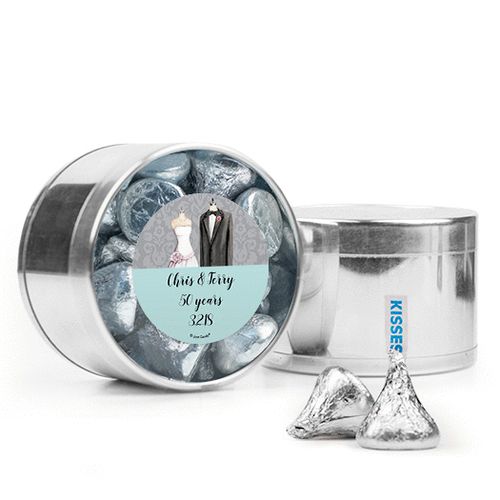 Personalized Anniversary Favor Assembled Medium Round Plastic Tin Filled with Hershey's Kisses