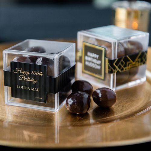 Personalized Milestone 100th Birthday JUST CANDY® favor cube with Premium Milk & Dark Chocolate Sea Salt Caramels