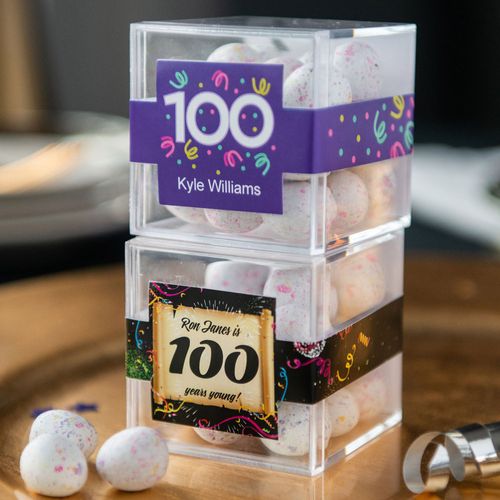 Personalized Milestone 100th Birthday JUST CANDY® favor cube with Premium Confetti Cookie Bites