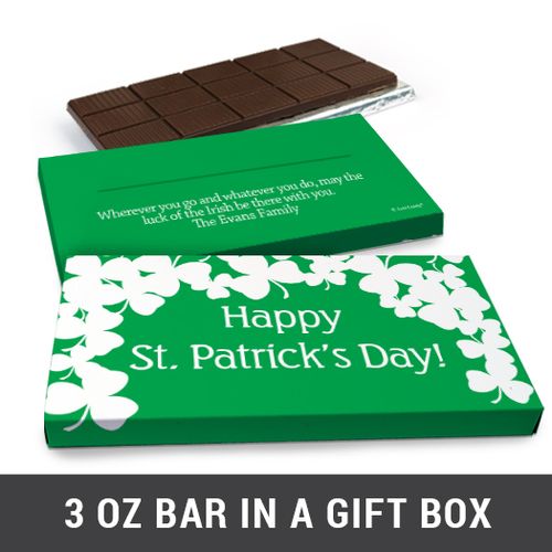 Deluxe Personalized White Clovers St. Patrick's Day Chocolate Bar in Gift Box (3oz Bar)