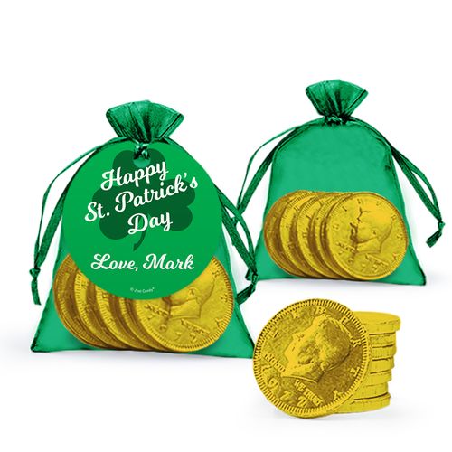 St. Patrick's Day Clover Chocolate Coins in XS Organza Bags with Gift Tag