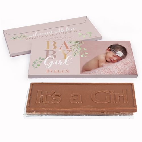 Deluxe Personalized Baby Girl Birth Announcement Embossed Chocolate Bar in Gift Box