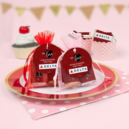 Personalized Valentine's Day Corporate Dazzle Add Your Logo Hershey's Miniatures in Organza Bags with Gift Tag