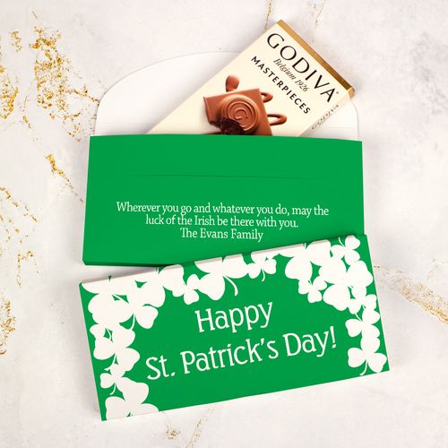 Deluxe Personalized St. Patrick's Day White Clovers Godiva Chocolate Bar in Gift Box