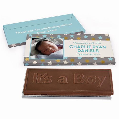 Deluxe Personalized Star Baby Boy Announcement Chocolate Bar in Metallic Gift Box