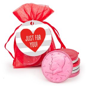 Valentine's Day Heart Stripes Chocolate Coins in XS Organza Bags with Gift Tag