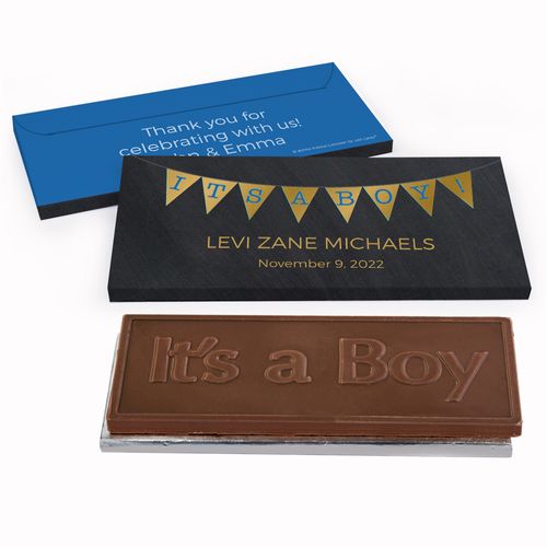 Deluxe Personalized It's a Boy Banner Baby Boy Announcement Chocolate Bar in Metallic Gift Box