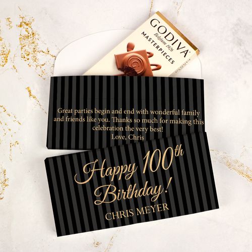 Deluxe Personalized Milestone 100th Birthday Pinstripes Godiva Chocolate Bar in Gift Box
