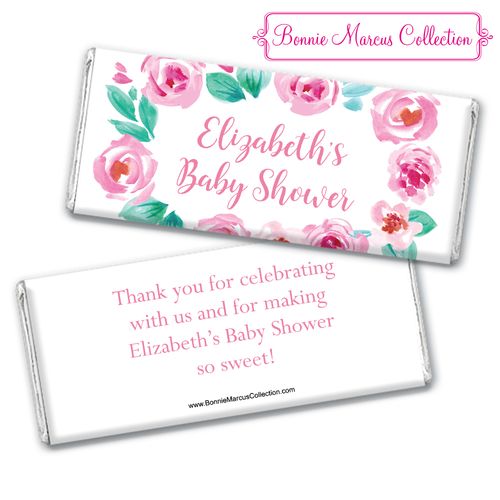 Personalized Bonnie Marcus Baby Shower Pink Floral Wreath Chocolate Bar