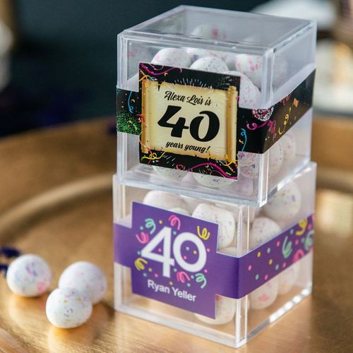 Personalized Milestone 40th Birthday JUST CANDY® favor cube with Premium Confetti Cookie Bites