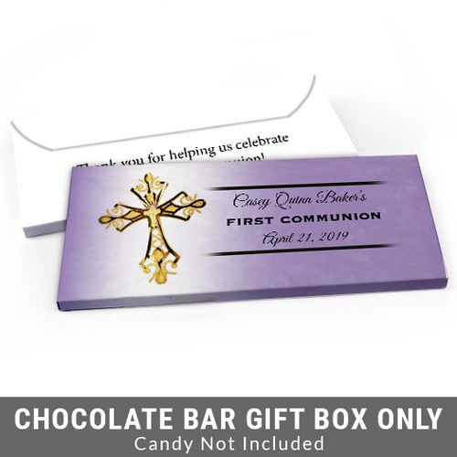Deluxe Personalized Gold Cross First Communion Candy Bar Favor Box