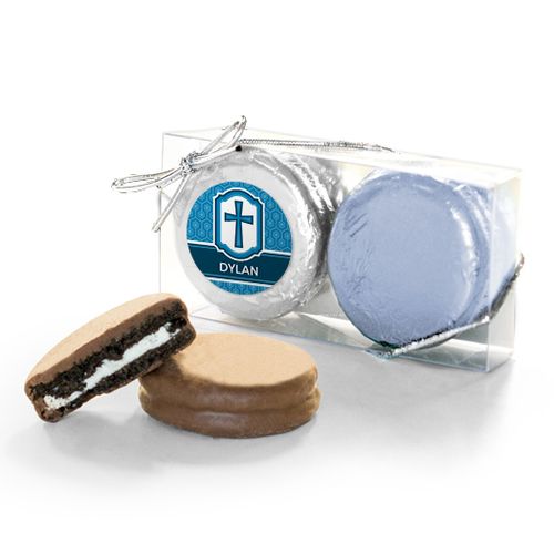 Personalized Confirmation Blue Hexagonal Pattern Engraved Cross 2PK Chocolate Covered Oreo Cookies