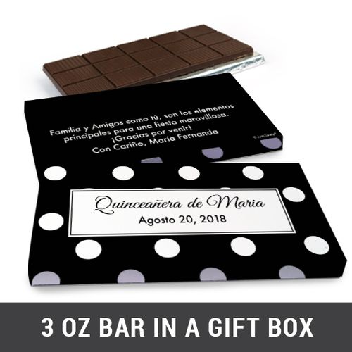 Deluxe Personalized Quinceaera Lunares Chocolate Bar in Gift Box (3oz Bar)