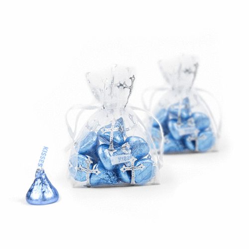 Silver Cross Organza Bags with Light Blue Hershey's Kisses