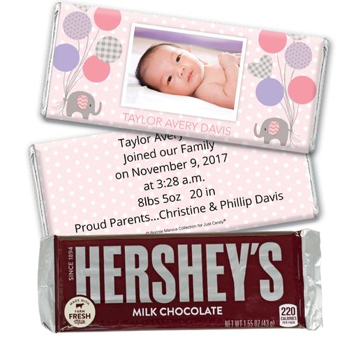 Bonnie Marcus Collection Personalized Hershey's Milk Chocolate Bar Baby Elephants Girl Birth Announcement