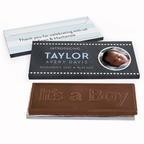 Deluxe Personalized Heart Pattern Baby Boy Announcement Chocolate Bar in Gift Box