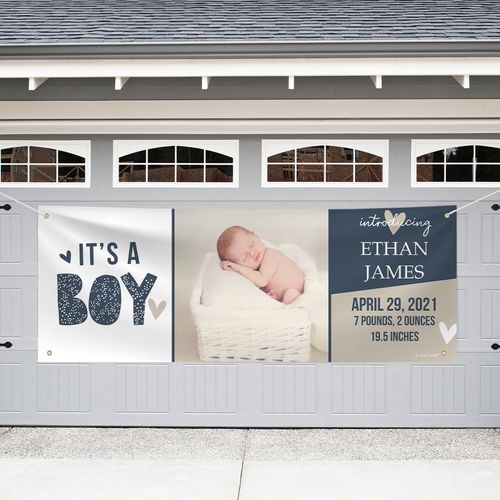 Personalized Birth Announcement Garage Banner - It's a Boy