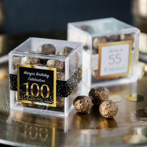 Personalized Milestone 100th Birthday JUST CANDY® favor cube with Premium Sparkling Prosecco Cordials - Dark Chocolate