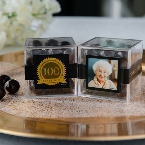 Personalized Milestone 100th Birthday JUST CANDY® favor cube with Premium Rum Cordials - Dark Chocolate