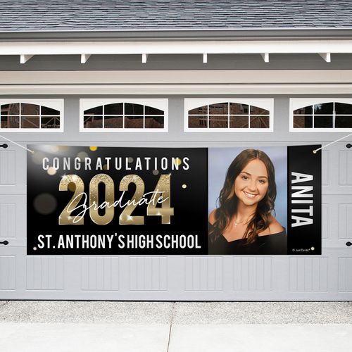 Personalized Graduation Garage Banner - Black & Gold sparkle