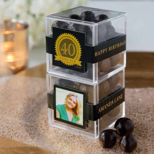 Personalized Milestone 40th Birthday JUST CANDY® favor cube with Premium Rum Cordials - Dark Chocolate