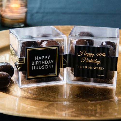 Personalized Milestone 40th Birthday JUST CANDY® favor cube with Premium Milk & Dark Chocolate Sea Salt Caramels