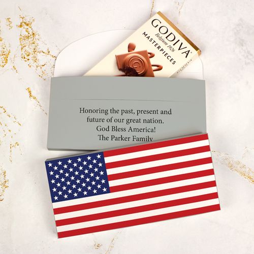 Personalized American Flag Independence Day Godiva Chocolate Bar in Gift Box