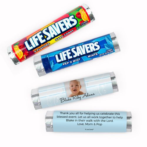 Personalized Baby Cross and Scroll Baptism Lifesavers Rolls (20 Rolls)