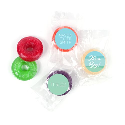 Bonnie Marcus Personalized LifeSavers 5 Flavor Hard Candy Watercolor Boy Birth Announcement (300 Pack)