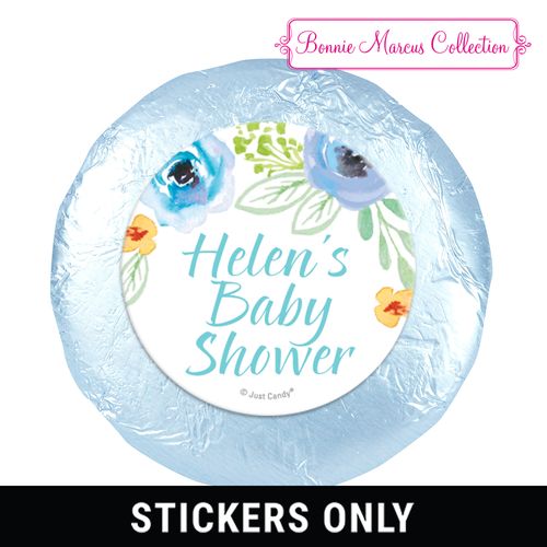 Personalized 1.25" Stickers - Bonnie Marcus Baby Shower Watercolor Blossom Wreath Blue (48 Stickers)