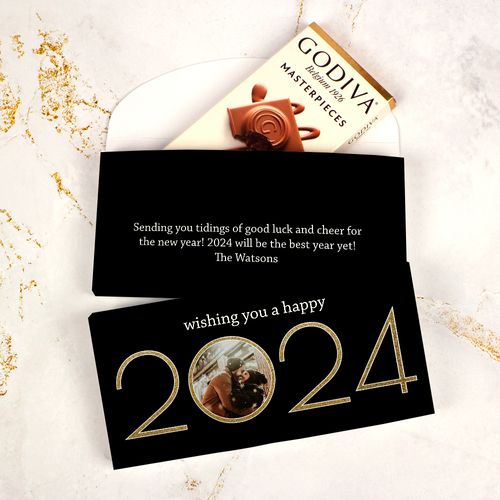 Deluxe Personalized New Years Eve Glitter Godiva Chocolate Bar in Gift Box