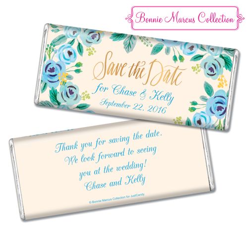 Bonnie Marcus Collection Personalized Chocolate Bar Chocolate & Wrapper Here's Something Blue Save the Date Favors