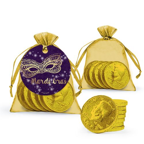 Mardi Gras Golden Elegance Chocolate Coins in XS Organza Bags with Gift Tag