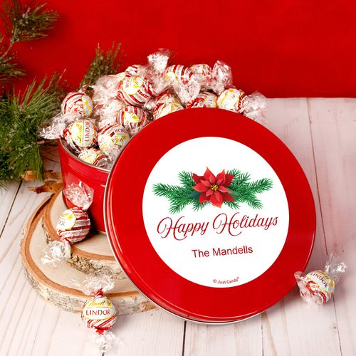 Personalized Christmas Poinsettia Tin with Lindt Truffles (approx 35 pcs)