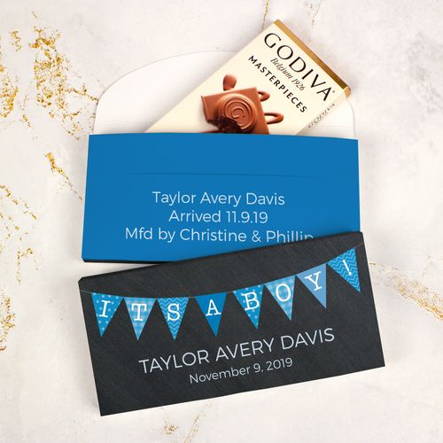 Deluxe Personalized Boy Birth Announcement Banner Godiva Chocolate Bar in Gift Box