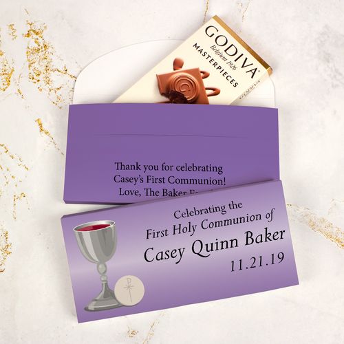 Deluxe Personalized First Communion Godiva Chocolate Bar in Gift Box- Host and Silver Chalice