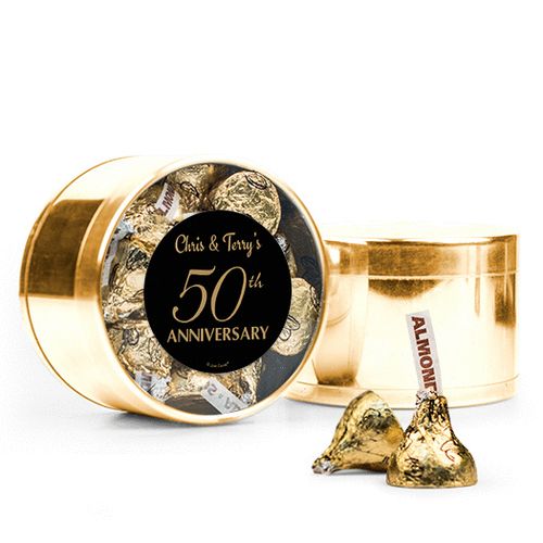 Personalized 50th Anniversary Favor Assembled Medium Round Plastic Tin Filled with Hershey's Kisses