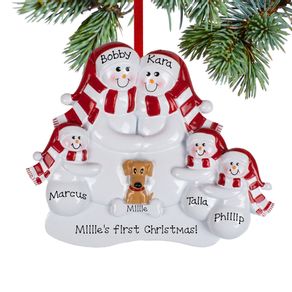 Personalized Snowman Family of 5 with 1 Brown Dog