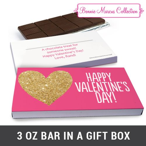 Deluxe Personalized Glitter Heart Valentine's Day Belgian Chocolate Bar in Gift Box (3oz Bar)