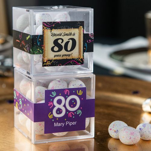 Personalized Milestone 80th Birthday JUST CANDY® favor cube with Premium Confetti Cookie Bites