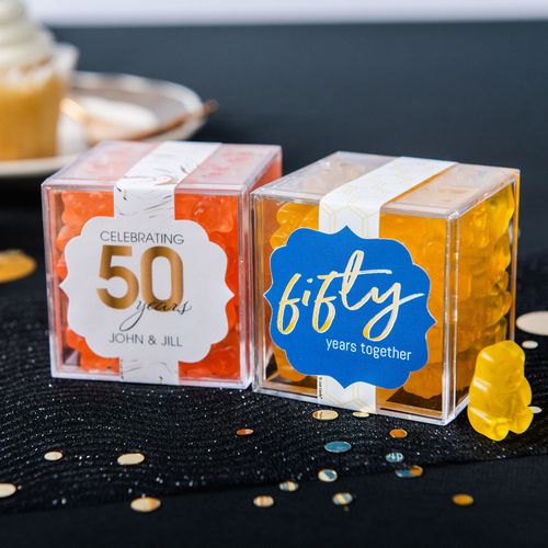 Personalized 50th Anniversary JUST CANDY® favor cube with Gummy Bears